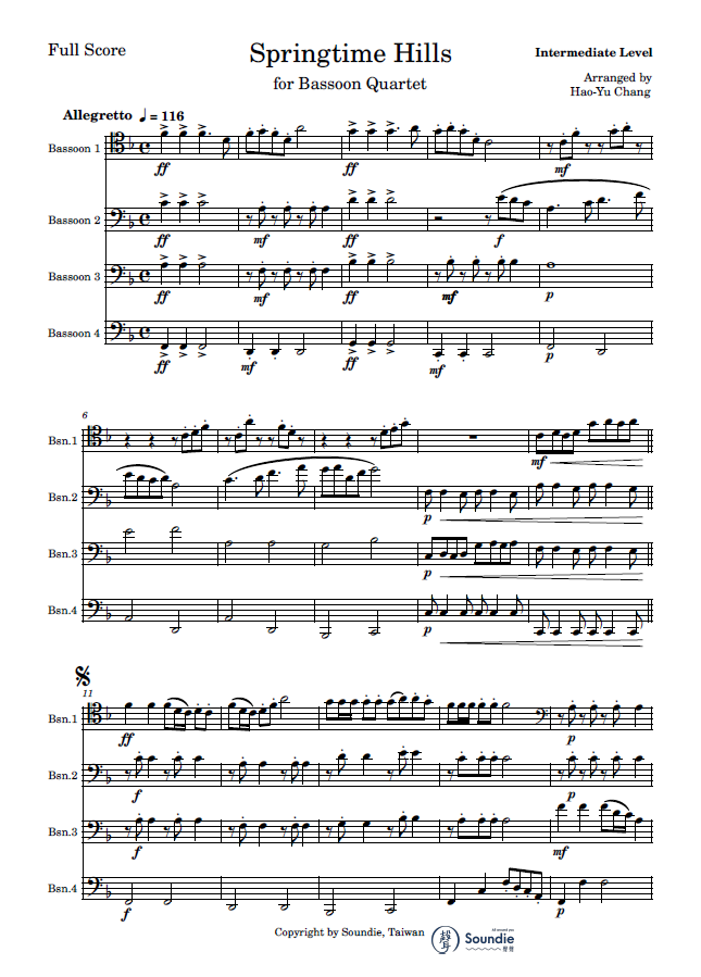 滿山春色 巴松四重奏 三合一 Springtime Hills for Bassoon Quartet 3 in 1