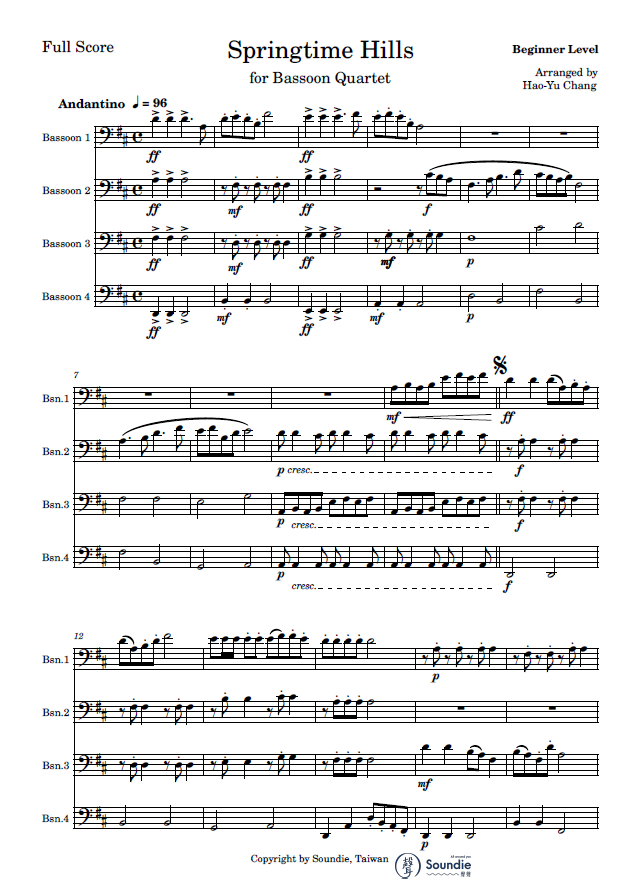 滿山春色 巴松四重奏 三合一 Springtime Hills for Bassoon Quartet 3 in 1