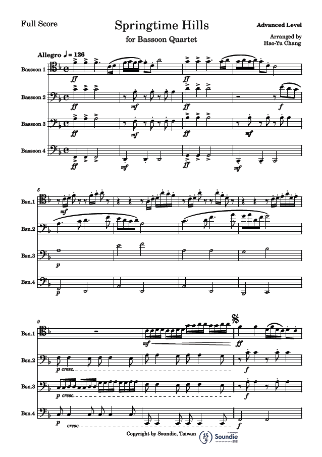 滿山春色 巴松四重奏 三合一 Springtime Hills for Bassoon Quartet 3 in 1